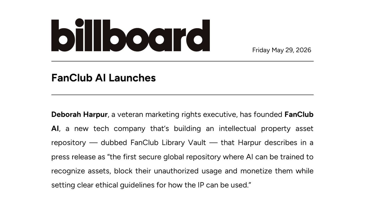 Billboard cover card for “FanClub AI Launches”, on Deborah Harpur founding FanClub AI and its FanClub Library Vault repository