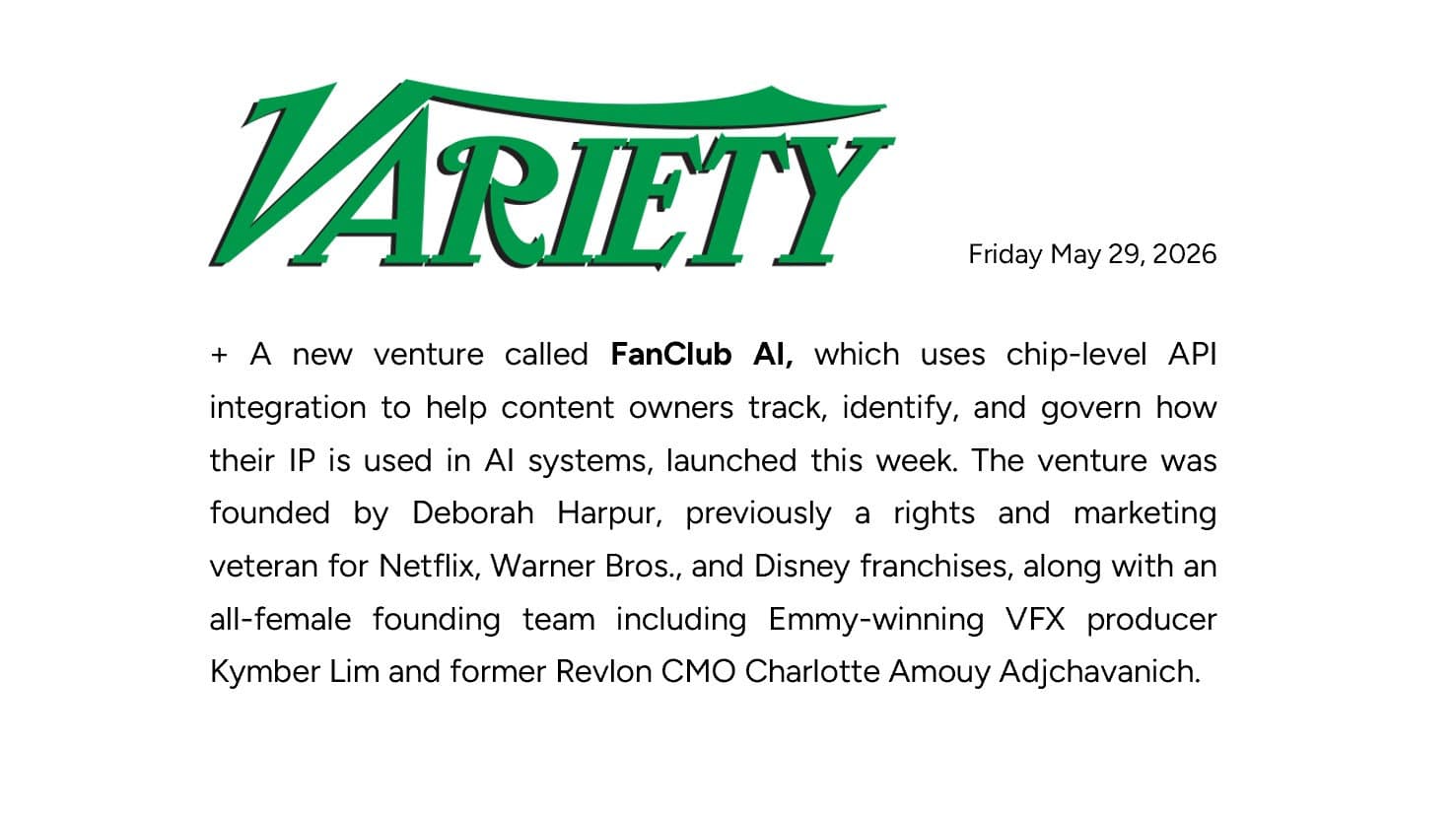 Variety cover card on FanClub AI, the chip-level API venture founded by Deborah Harpur and an all-female team