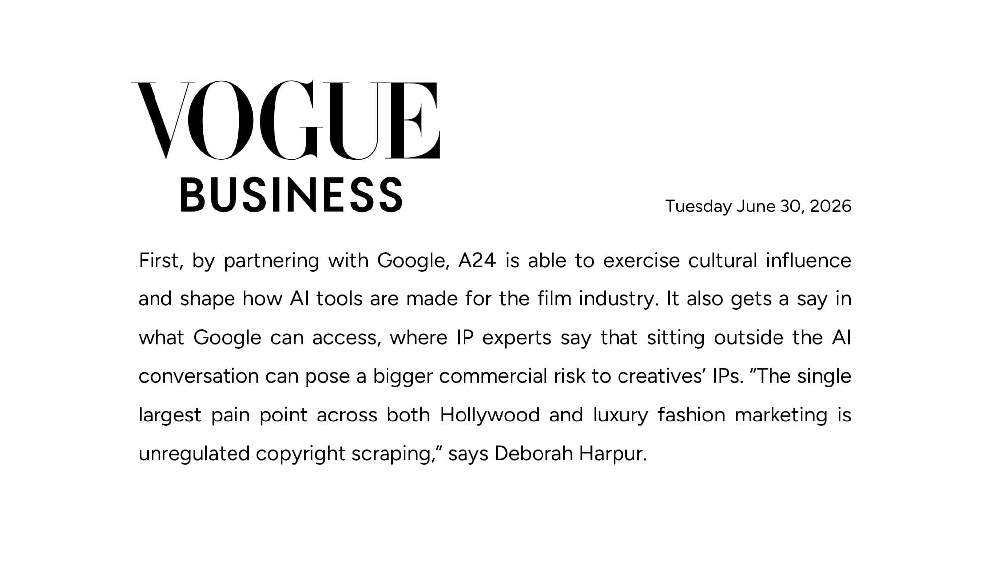 Vogue Business cover card quoting FanClub AI founder Deborah Harpur on unregulated copyright scraping in Hollywood and luxury fashion