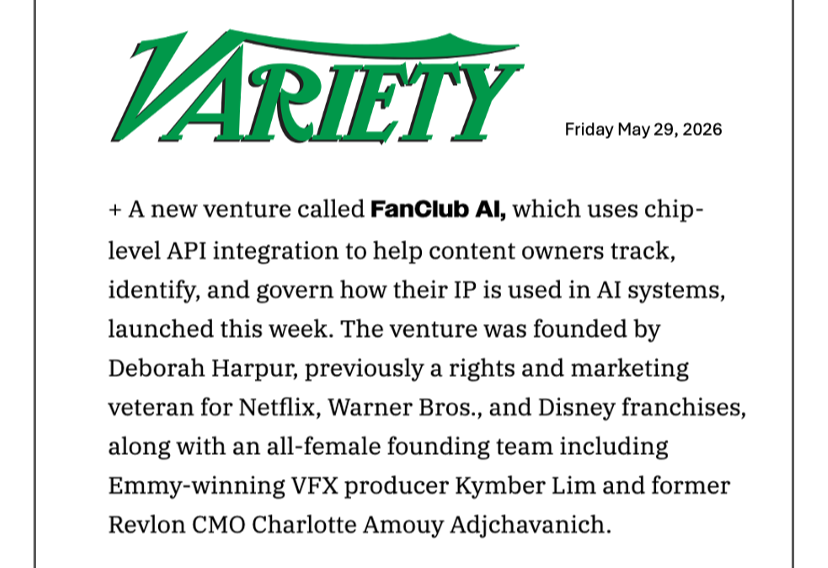 Variety article on FanClub AI, the new chip-level API venture founded by Deborah Harpur and an all-female team